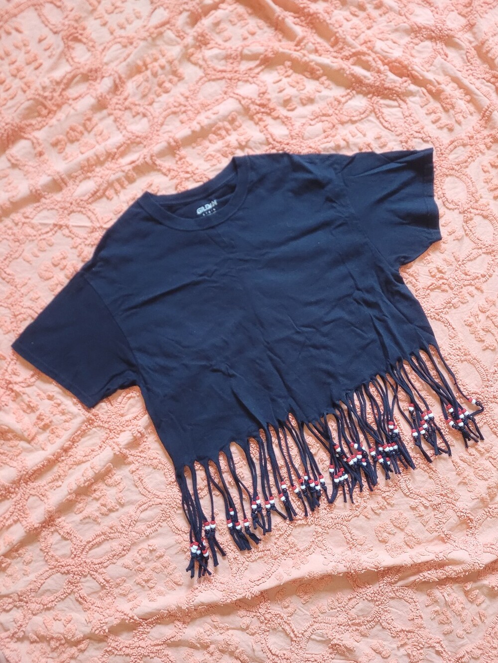 Gildan | Women's Black Tshirt w/Fringed + Beaded Hem